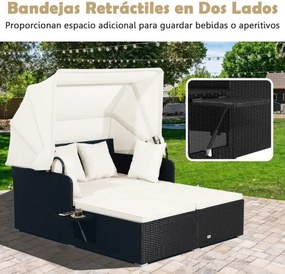 Cama Jardim dupla com almofadas em rattan com Dois painéis laterais rebatíveis para jardim Pátio Alpendre Branco e Preta