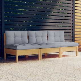 vidaXL Sofá de jardim 3 lugares com almofadões cinzentos pinho maciço