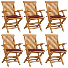 Cadeiras jardim c/ almofadões vermelho tinto 6 pcs teca maciça