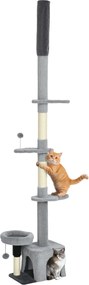 Arranhador para gatos do chão ao teto, torre para gatos com altura ajustável entre 225 e 255 cm e vários níveis, revestimento em pelúcia, cinzenta