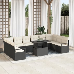 Conjunto de Sofá de Jardim de 11 Peças com Almofadas Rattan Preto, Sof