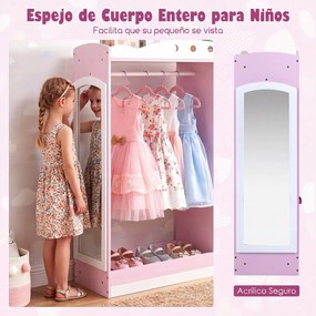 Guarda roupa Infantil com Espelho, 90 x 30 x 111,5 cm, com Gavetas e Prateleiras, Rosa