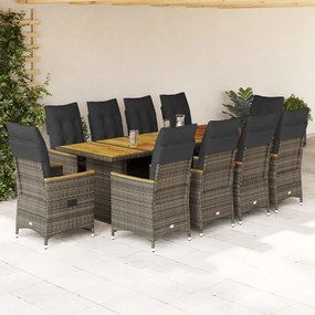 vidaXL 11 pcs conjunto bistrô de jardim c/ almofadões vime PE cinzento