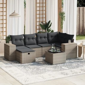 7 pcs conjunto sofás p/ jardim c/ almofadões vime PE cinzento