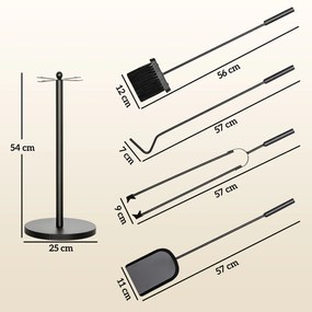 Conjunto de Ferramentas para Lareira com 5 Peças Acessórios para Lareira de Metal com Escova Pá Tenaz Atiçador e Suporte Ø25x54 cm Preto