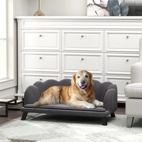 Cama para cães e gatos com design contemporâneo em forma de concha, dimensões: 98 C x 60 L x 35 A cm, almofada macia em veludo cinzento