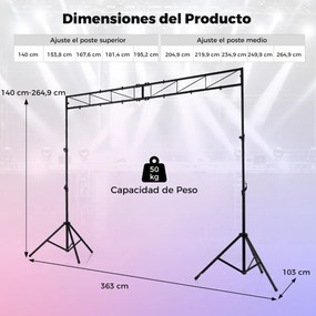 Suporte de iluminação para DJ em metal, altura ajustável em 10 níveis, 2 tripés dobráveis, 12 pontos de fixação, para montagem em concertos, palcos e