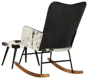 Cadeira de baloiço com apoio de pés couro genuíno preto