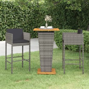 vidaXL 3 pcs conjunto de bar p/ jardim c/ almofadões vime PE cinzento
