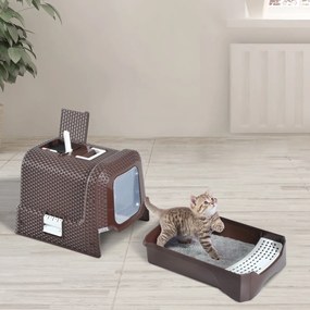 PawHut Caixa de areia para gatos portátil coberta com porta oscilante 54x42x41cm marrom