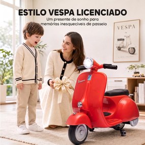Mota Elétrica Infantil VESPA 6V com Arranque Suave, Rodas de Apoio, Luz, Música e USB - Vermelho