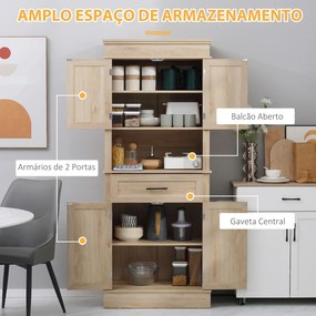 Armário de Cozinha com 4 Portas 1 Gaveta e Prateleira Aberta para Sala de Estar Sala de Jantar 74x39,5x183cm cor Carvalho