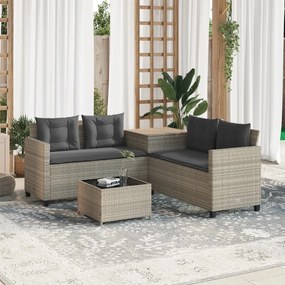 vidaXL Sofá de jardim em L c/ mesa e almofadões vime PE cinzento-claro