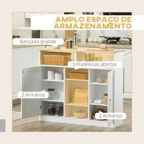 HOMCOM Ilha de Cozinha com Rodas Carrinho de Cozinha com Bancada de Madeira de Borracha Dobrável 2 Portas e Prateleiras Abertas 110x66x97 cm Branco e Madeira