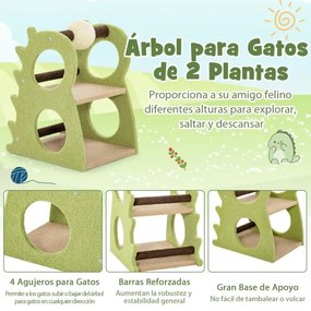 Arranhador moderno para gatos de interior com 2 níveis, bola giratória para arranhar, tecido felpudo e suporte para trepar verde e bege