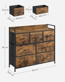 Cómoda de design industrial com 7 gavetas em tecido 98 x 28,5 x 85 cm Castanho Vintage-preto