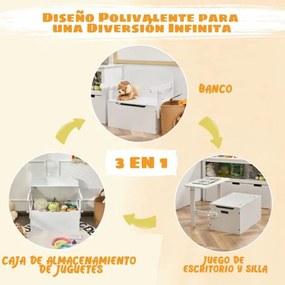 Conjunto de mesa de actividades convertível para crianças Conjunto de mesa e cadeira de madeira 3 em 1 com caixa de arrumação para brinquedos Branco