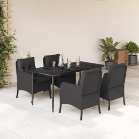 5 pcs conjunto de jantar p/ jardim c/ almofadões vime PE preto