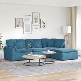 Sofá modular com pufes e almofadas veludo azul