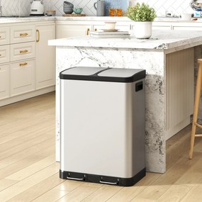 Caixote do lixo de cozinha 48,8 L x 39,5 l x 67 A cm com dois compartimentos de 2 x 30 L, com pedal em aço inoxidável e tampa com fecho suave, pratead