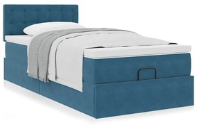 Estrutura cama otomana com colchão azul escuro 90x190cm veludo