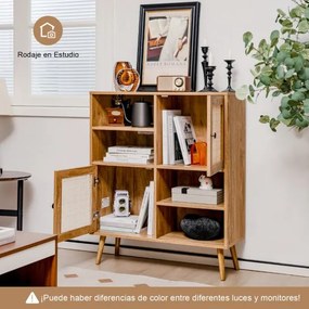 Aparador em rattan com 4 cubículos e 2 portas decoradas Armário de acento Boho em rattan para sala de jantar 80 x 29,5 x 97 cm Natural