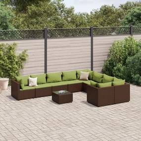 vidaXL 10 pcs conj. sofás jardim com almofadões vime PE castanho