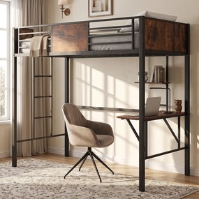 Cama infantil Alta com Secretária, 208 x 94 x 174 cm, Estrutura Metálica Reforçada, Castanho+Preto