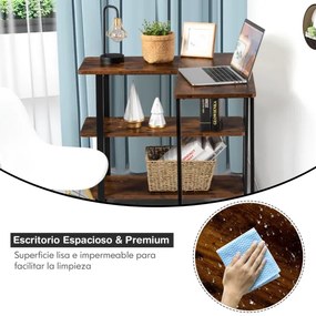 Secretária Mesa de Computador em Estilo Industrial com Rodas e Superfície Móvel e Estrutura Metálica para 80 x 30 x 67 cm Castanho Rústico