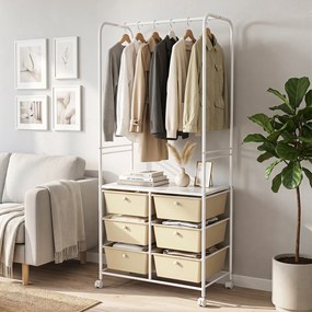 Guarda roupa aberto, 63 x 38 x 152 cm, 6 Gavetas e Rodas com Travão, Branco