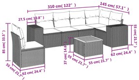 7 pcs conjunto sofás p/ jardim c/ almofadões vime PE cinzento