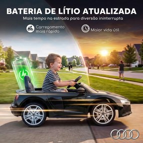 Carro Elétrico Infantil 2 a 5 anos Audi R8 Spider12 V com Comando à Distância 2,4 GHz 2 Motores Arranque Suave e Suspensão Traseira Preto