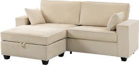 Sofá de 3 lugares 216x 151 x 94 cm com pufe com espaço de arrumação, sofá de canto em veludo canelado, assento largo, 2 almofadas, bege