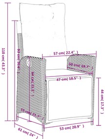 5 pcs conjunto de jantar p/ jardim c/ almofadões vime PE cinza