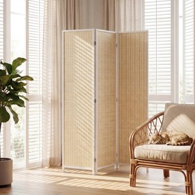 Biombo de madeira para separar divisões 135 x 180 cm, divisória dobrável de 3 painéis, branco e bege