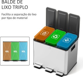 Balde de Lixo de Cozinha com 3 Compartimentos 3x10L Cubo de Lixo de Aç