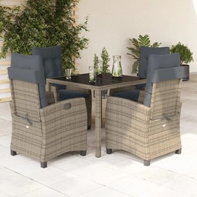 5 pcs conjunto de jantar p/ jardim c/ almofadões vime PE cinza