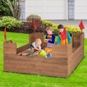 Caixa de areia de madeira para crianças a partir de 3 anos com caixa de armazenamento de banco e bandeiras para jardim e praia 113 x 116 x 75 cm Casta