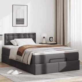 Estrutura de cama otomana com colchão cinza couro falso