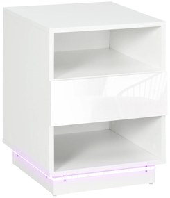 HOMCOM Mesa de Cabeceira Moderna com Luz LED Mesa de Cabeceira com Controlo Remoto Gaveta de Alto Brilho e 2 Prateleiras para Sala de Estar Dormitório 40x40x55 cm Branco