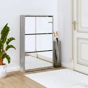 vidaXL Sapateira com espelho 3 divisórias 63x17x102,5 cm cinza sonoma
