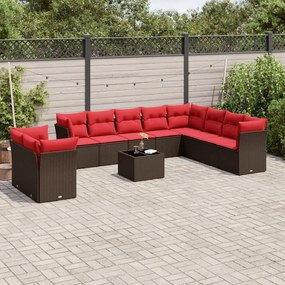 vidaXL 11 pcs conjunto sofás de jardim c/ almofadões vime PE castanho