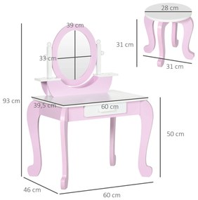 Toucador Infantil com Banco e Espelho Toucador Infantil de Madeira com Gaveta Mesa de Maquilhagem para Crianças entre 3-6 Anos 65,5x46x93cm Rosa