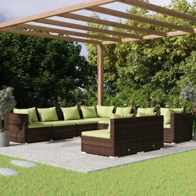 vidaXL 9 pcs conjunto lounge jardim c/ almofadões vime PE castanho