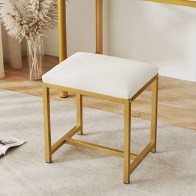 Banco de toucador 38 x 30 x 42 cm com almofada acolchoada e pernas de metal dourado para quarto, sala ou entrada Branco e dourado