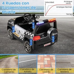 Carro de Polícia Carro Elétrico com Bateria de 12V 7A Controlo Remoto Ligação Sem Fios Música Sirene e Luz LED Intermitente Preto
