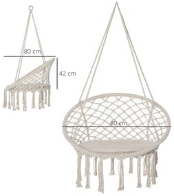 Cadeira suspensa redonda Ø60 cm de rede de balanço com almofada e corda de algodão para interior e exterior 80x80x42 cm bege