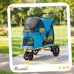Carrinho para Cães Dobrável com 3 Rodas Janelas de Rede Almofada Lavável Todo o Terreno Carga 20 kg 92x63x95 cm Azul