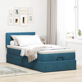 Estrutura de cama otomana com colchão azul escuro veludo