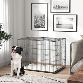 Gaiola de transporte dobrável para cães com pega, tabuleiro removível e almofada incluída – 90 x 57,5 x 62 cm – preta